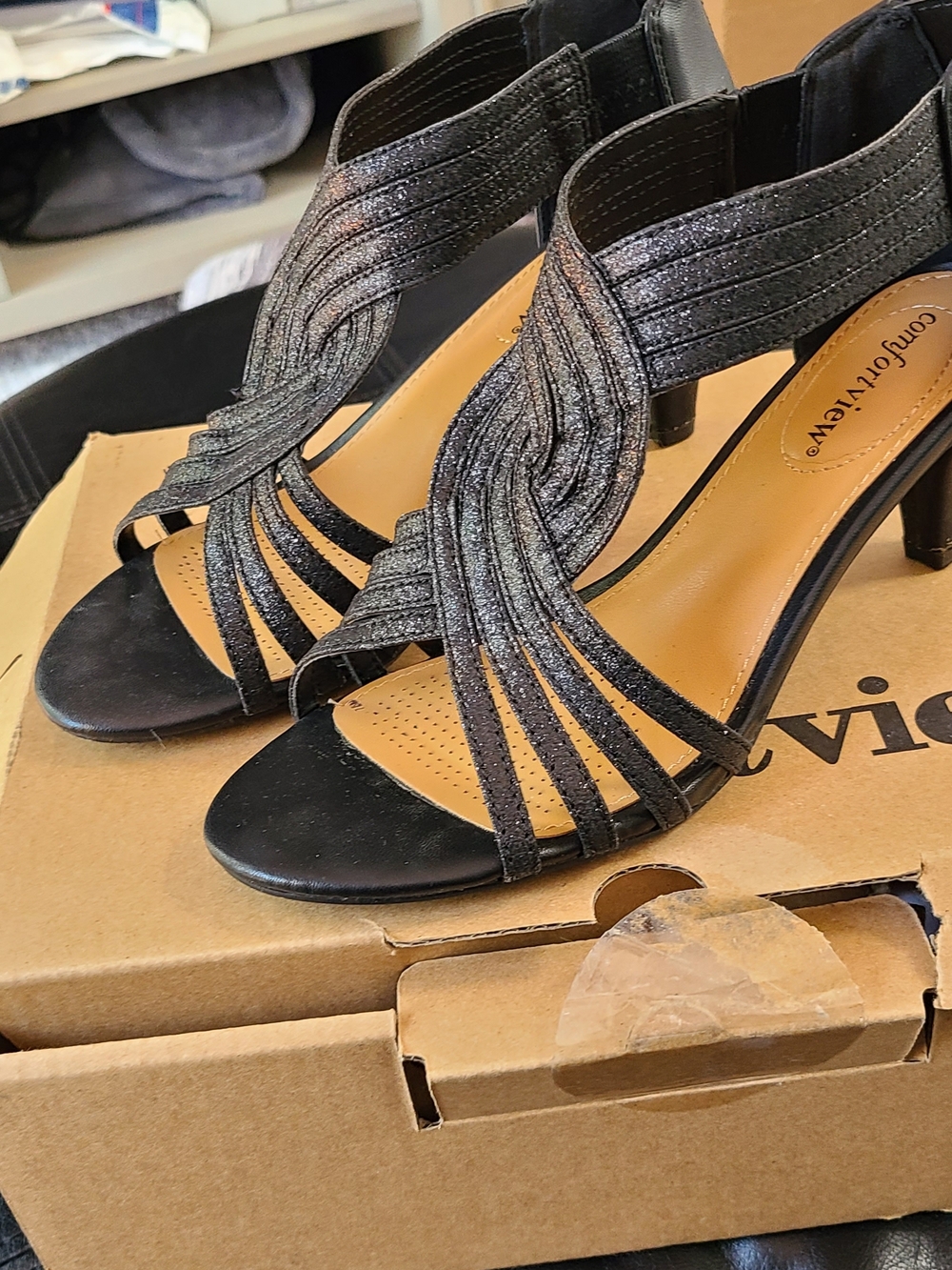 Comfortview Black Strappy Glitter Heeled Sandals 7.5